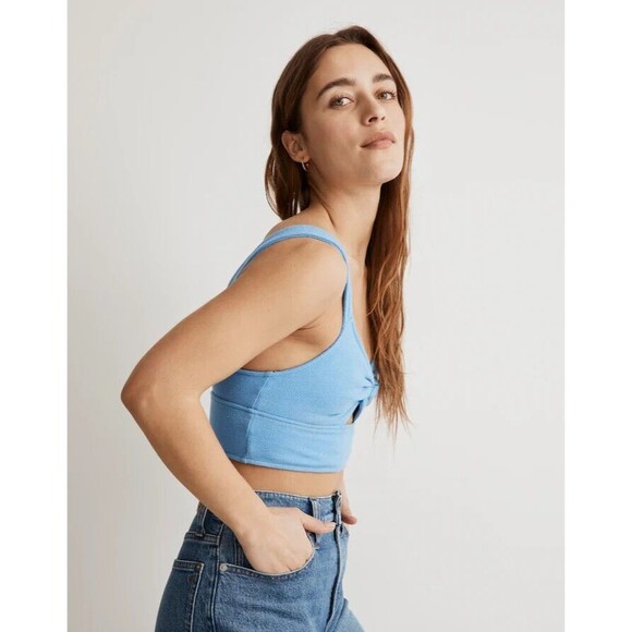 Madewell Sz XS Cutout Knot Front Crop Tank Top Oasis Blue Fitted Sweetheart NWT - Picture 3 of 11